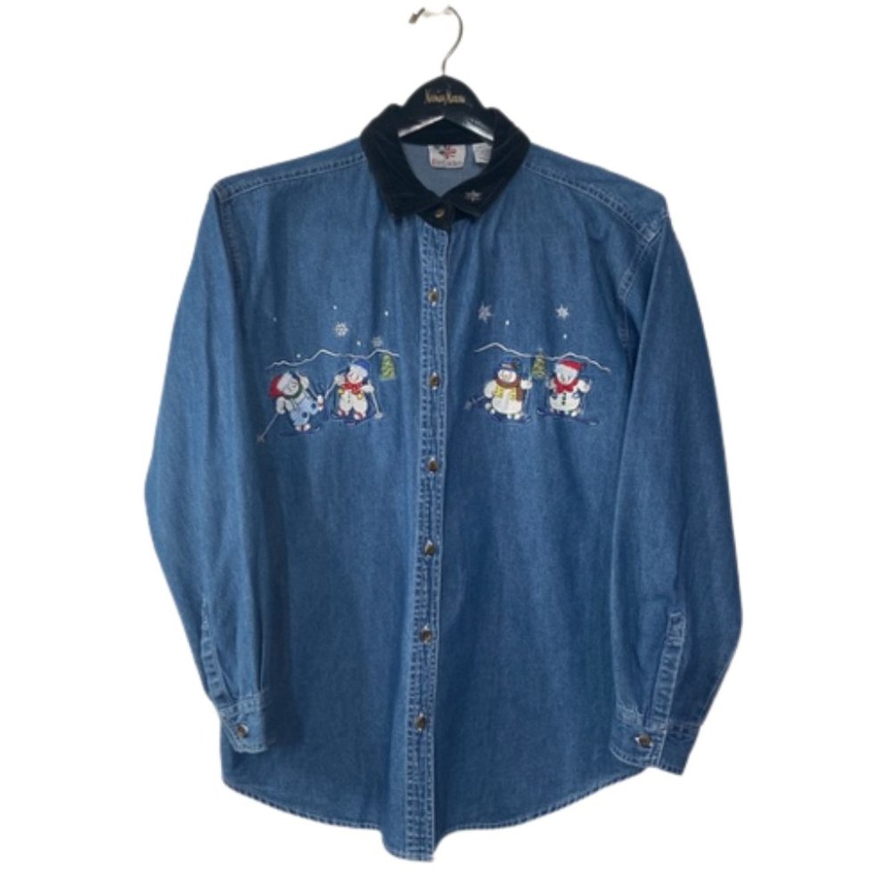 Nut Cracker Snowman Button Up Shirt Women’s Large Graphic Denim Long Sleeve VTG